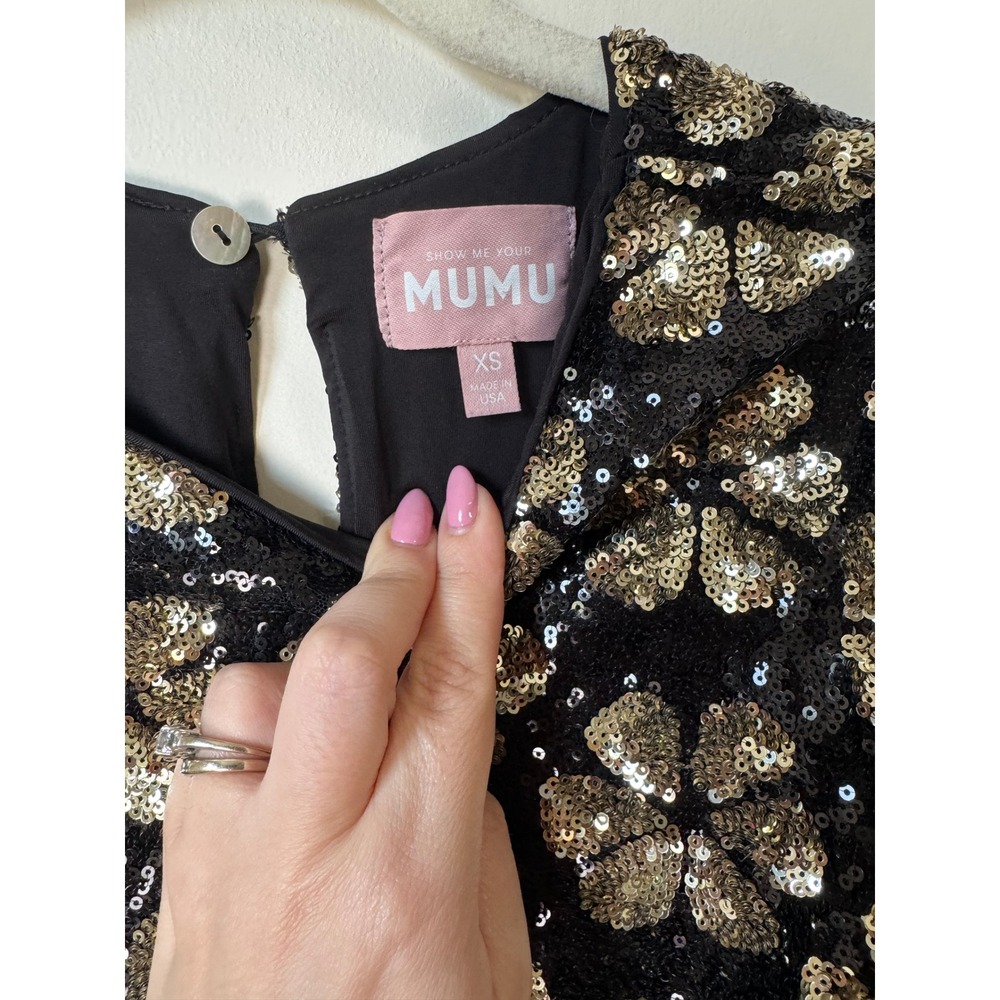 Show Me Your Mumu Womens XS Black Gold Sequin Floral Mini Dress Long Sleeve - Picture 4 of 5